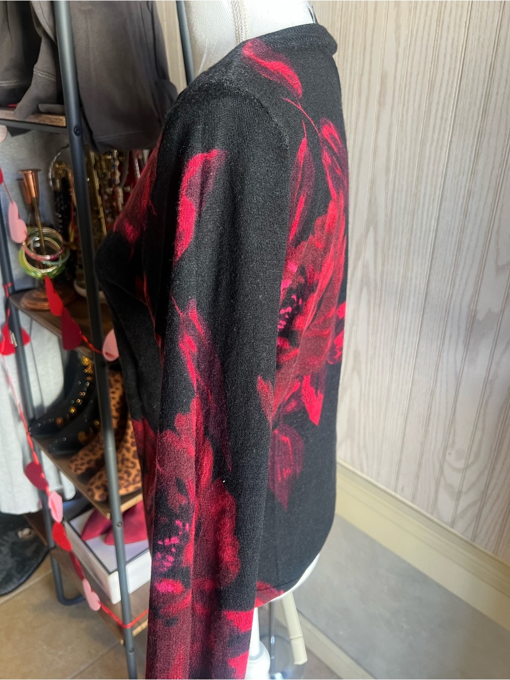Talbots Merino Wool Black Sweater with Red Floral Print - Crew Neck - Picture 5 of 7